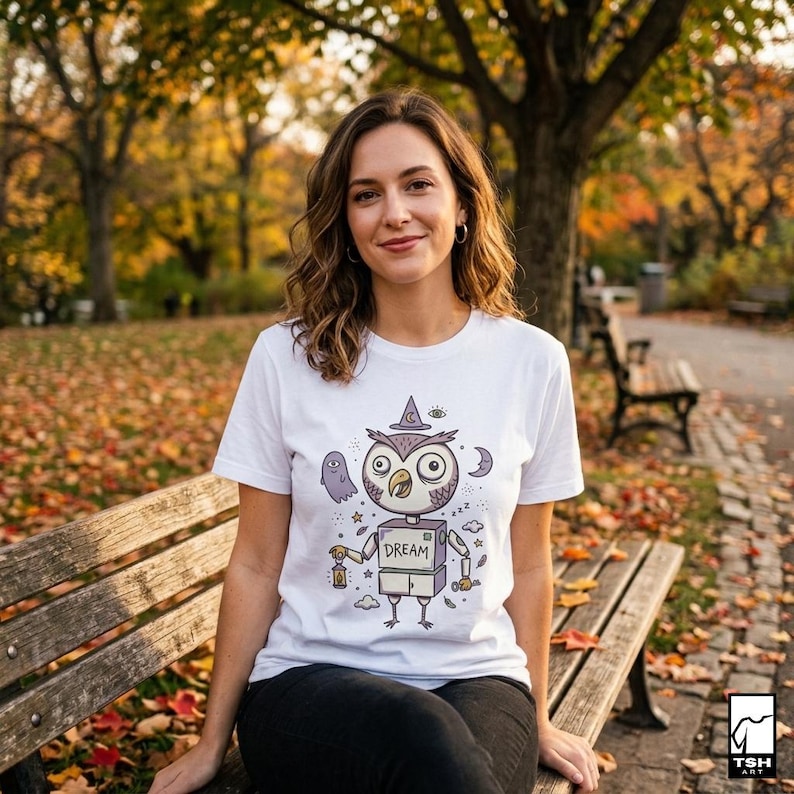 May include: White t-shirt featuring a whimsical owl robot design with a witch hat, holding a lantern, and the word "DREAM" on its chest. The design includes a ghost, moon, and stars. The shirt is worn by a person sitting on a park bench.
