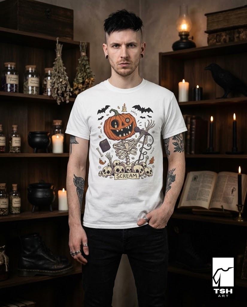 Scream Skeleton Halloween Shirt | Pumpkin Rocker T Shirt | Metal Horror Tee | Retro Fall Concert Top | Gothic Rock Clothes | Unisex Gift