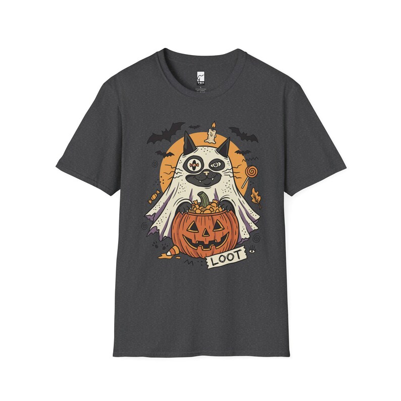 Ghost Cat Halloween Shirt | Spooky Kitten T Shirt | Cute Loot Graphic Tee | Retro Pumpkin Fall Top | Funny Cat Lover Clothes | Unisex Gift Dark Heather