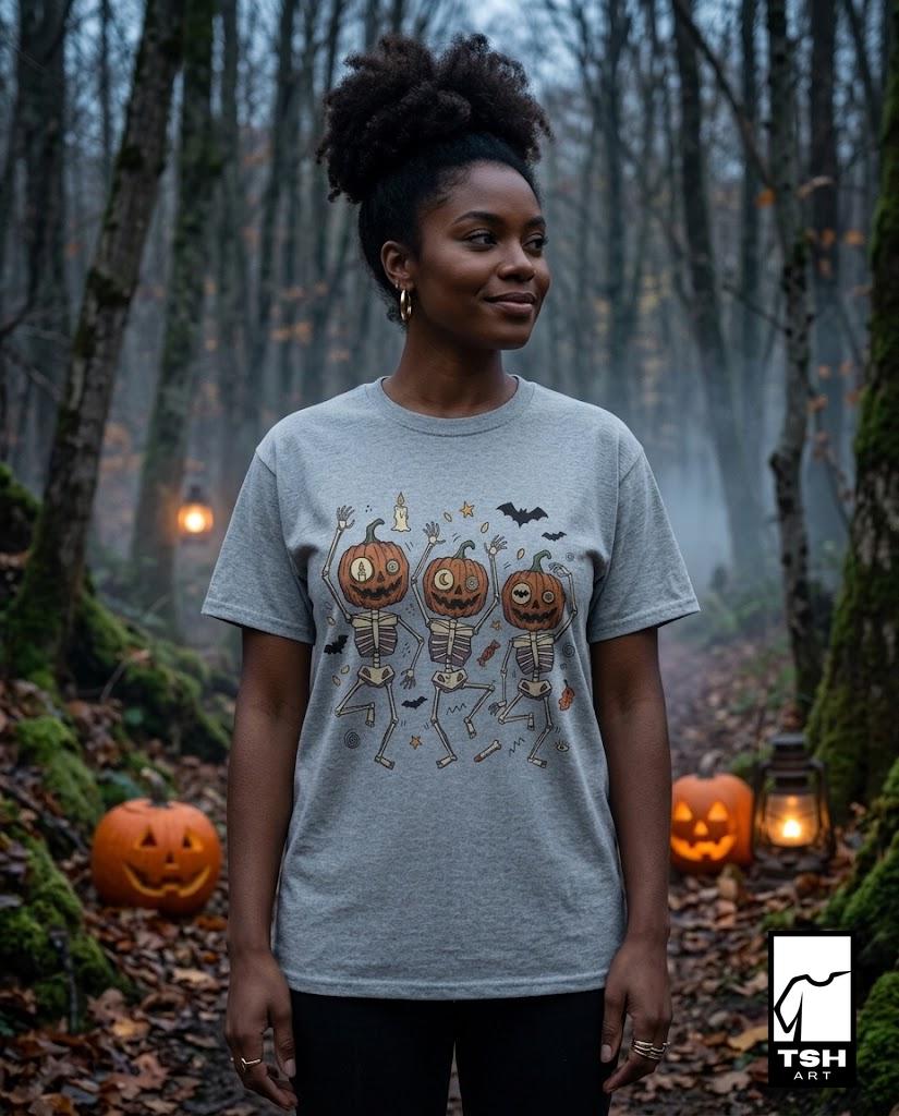 Dancing Pumpkin Skeletons T-Shirt | Halloween Jack-o'-Lanterns
