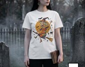 Unisex Witch T-Shirt | Retro Halloween Print | Flying Broomstick Graphic Tee | Vintage Witch T-Shirt