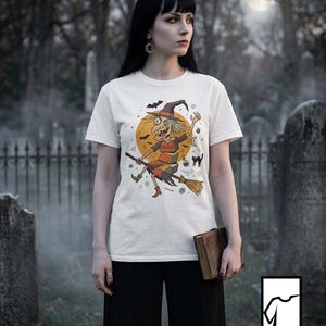 Unisex Witch T-Shirt | Retro Halloween Print | Flying Broomstick Graphic Tee | Vintage Witch T-Shirt