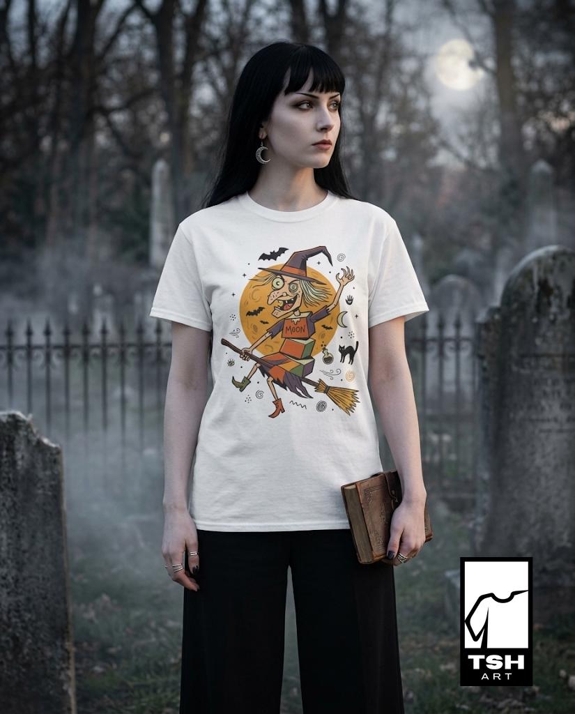Unisex Witch T-Shirt | Retro Halloween Print | Flying Broomstick Graphic Tee | Vintage Witch T-Shirt