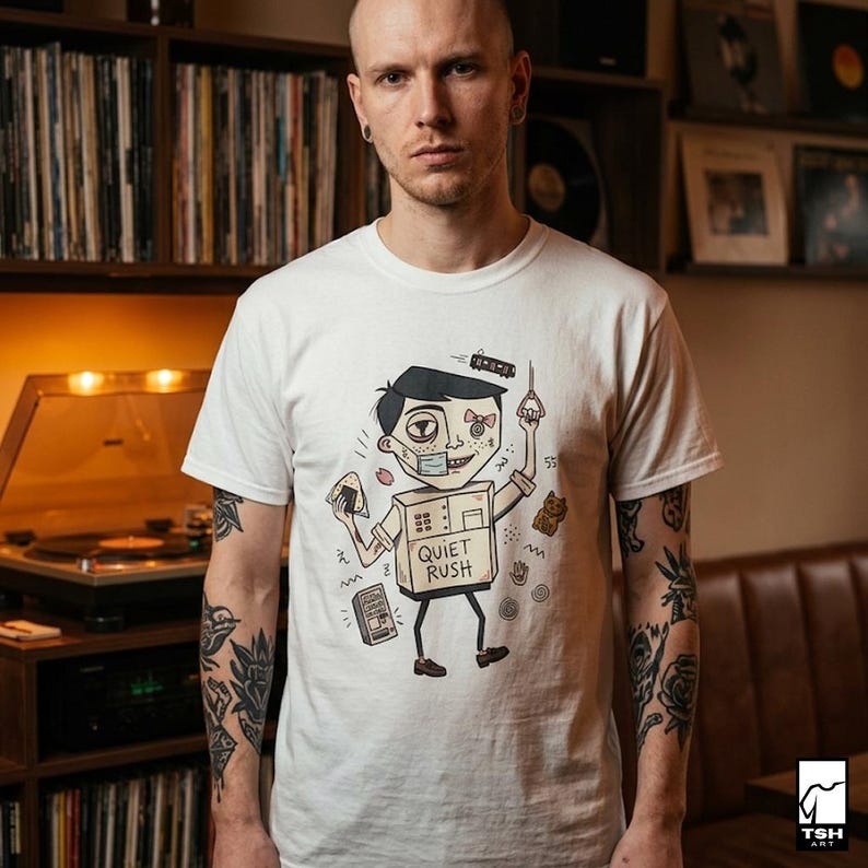 Op de afbeelding: Wit T-shirt met een cartoon illustratie van een persoon met een doosvormige torso, een gezichtsmasker en de tekst "Quiet Rush". Het ontwerp bevat een trein, schaar en andere kleine graphics. De persoon draagt een wit t-shirt.