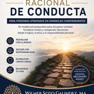 Puede incluir: Una portada de libro azul marino y dorado con el título "MANUAL DE REEVALUACIÓN RACIONAL DE CONDUCTA". La portada incluye texto sobre un modelo psicoeducativo y un camino que conduce a una puesta de sol. El autor es Wilmer Soto Galindez, MA.