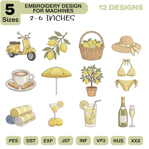 Puede incluir: Conjunto de diseños de bordado con 12 diseños con temática de limón. Incluye un scooter, limones, una cesta, un sombrero para el sol, una taza de café, una sombrilla, un limonero, un bikini, toallas enrolladas, un cóctel, limonada y champán.