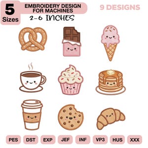 Può includere: Un set di ricami con nove disegni a tema cibo, tra cui un pretzel, una barretta di cioccolato, un cono gelato, una tazza di caffè, un cupcake, pancake, una tazza di caffè da asporto, un biscotto e un croissant. I disegni misurano da 5 a 15 cm.