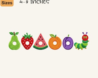May include: Embroidery design for machines featuring five fruit-shaped icons with center holes and a green caterpillar. Text reads 5 SIZES, EMBROIDERY DESIGN FOR MACHINES, 4-8 INCHES, 1 DESIGNS. File formats listed include PES, DST, EXP, JEF, INF, VP3, HUS, XXX.
