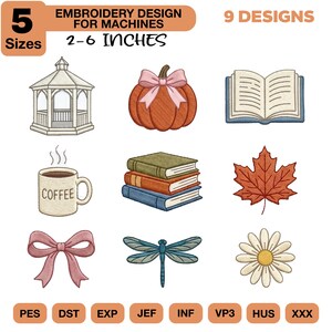 Könnte beinhalten: Ein Stickdesign-Set mit neun Designs, darunter ein Pavillon, ein Kürbis, ein offenes Buch, eine Kaffeetasse, ein Stapel Bücher, ein Ahornblatt, eine Schleife, eine Libelle und eine Gänseblümchen. Die Designs sind in 5 Größen von 5,08 bis 15,24 cm erhältlich.