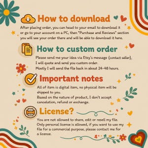 May include: An informational graphic with a beige background featuring colorful icons and text. Sections include How to download, How to custom order, Important notes, and License. The design is decorated with retro-style flowers, hearts, and rainbows.