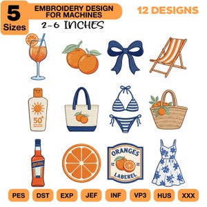 Italian Summer Club Embroidery Designs Set of 12, Coastal Amalfi Mini Icons, Aperol Spritz Orange Bow Bikini Beach Machine Embroidery Files