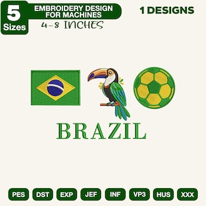 Archivo de bordado de Brasil, diseño de bordado a máquina de la bandera brasileña, bordado de fútbol de tucán, bordado de viaje a Brasil para vacaciones