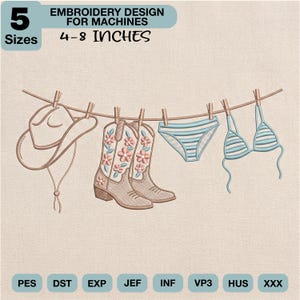May include: An embroidery design featuring a cowboy hat, cowboy boots, bikini top, and bikini bottoms hanging on a clothesline. The design is in shades of tan, pink, and blue. The text reads "EMBROIDERY DESIGN FOR MACHINES 4-8 INCHES".