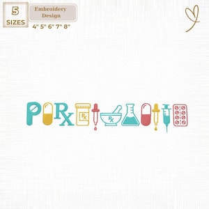 Puede incluir: Un diseño de bordado con símbolos médicos coloridos y la palabra "PORX". El diseño incluye una píldora, un frasco de medicamentos, un cuentagotas, un mortero y una maja, un matraz, una jeringa y un blíster. Tamaños: 10 cm, 13 cm, 15 cm, 18 cm y 20 cm.