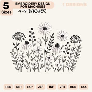 Puede incluir: Un diseño de bordado para máquinas que presenta un arreglo floral en blanco y negro con margaritas y flores silvestres. El texto dice 5 SIZES, EMBROIDERY DESIGN FOR MACHINES, 4-8 INCHES, 1 DESIGNS, y formatos PES, DST, EXP, JEF, INF, VP3, HUS, XXX.