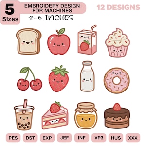 Può includere: Un set di design per ricamo con 12 simpatici design a tema cibo, tra cui una fetta di pane, una mela, una scatola di succo di fragola, un cupcake, ciliegie, una fragola, una bottiglia di latte, una ciambella, tè boba, una fetta di torta, un barattolo di miele e una torta al cioccolato. I design sono disponibili in 5 misure, da 5 a 15 cm.