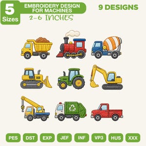 Könnte beinhalten: Eine digitale Sammlung von 9 Maschinenstickmustern mit Bau- und Transportfahrzeugen, darunter ein Muldenkipper, eine Dampflokomotive, ein Betonmischer, eine Planierraupe, ein Traktor, ein Bagger, ein Kranwagen, ein Müllwagen und ein Pickup.
