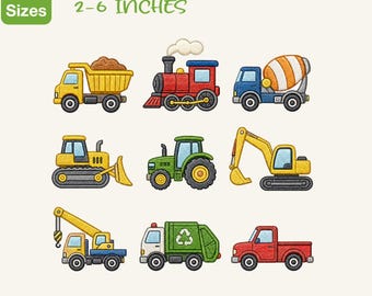 May include: A digital collection of 9 machine embroidery designs featuring construction and transport vehicles including a dump truck, steam train, cement mixer, bulldozer, tractor, excavator, crane truck, recycling truck, and a red pickup truck.