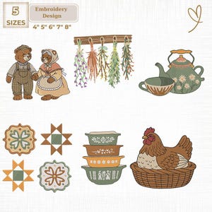 May include: Embroidery design featuring a variety of country-themed images. Includes a bear couple, hanging herbs, a teapot and teacup, decorative quilt squares, a stack of bowls, and a hen in a basket. Sizes available: 4", 5", 6", 7", and 8".