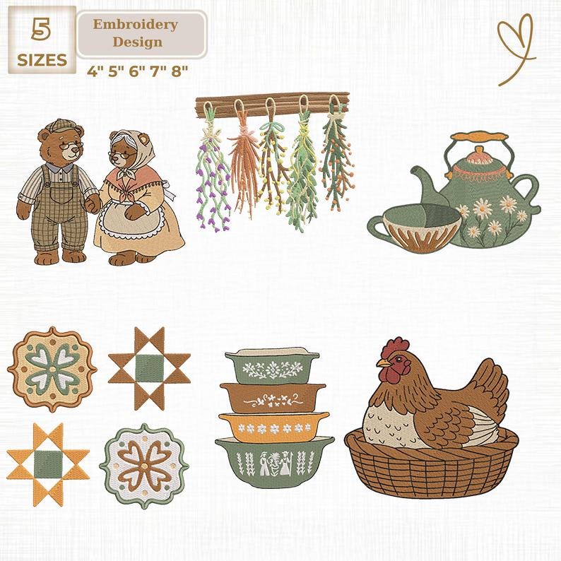 May include: Embroidery design featuring a variety of country-themed images. Includes a bear couple, hanging herbs, a teapot and teacup, decorative quilt squares, a stack of bowls, and a hen in a basket. Sizes available: 4", 5", 6", 7", and 8".