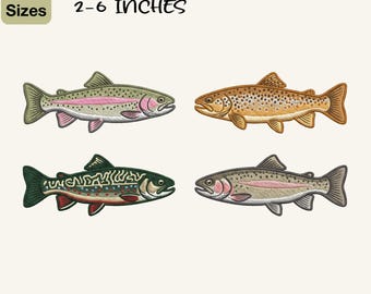 May include: A digital embroidery design for machines featuring four distinct fish illustrations. The text reads 5 SIZES 2-6 INCHES and lists file formats PES, DST, EXP, JEF, INF, VP3, HUS, and XXX. The fish are depicted in various colors.