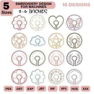 Puede incluir: Una colección de 16 diseños de bordado para máquinas, con varias formas como flores, corazones y estrellas. Los diseños están disponibles en 5 tamaños, que van de 5 a 15 cm. La imagen también muestra diferentes formatos de archivo.