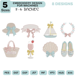 May include: An embroidery design set with eight designs, including a sun hat, sailboat, and seashell, with sizes ranging from 5 to 15 cm. The designs are in pastel colors and include the text "COASTAL".
