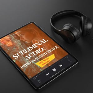 May include: A black tablet displays the words "Subliminal Audio: Personalized Track" with a woman's face in the background. A pair of black headphones rests nearby. The tablet screen also shows a media player interface.