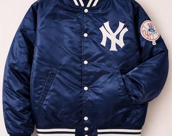 New York Yankees Satin Varsity Jacket, NY Baseball Bomber Jacket, Navy Blue Yankees Jacket, Men Women Streetwear Jacket.