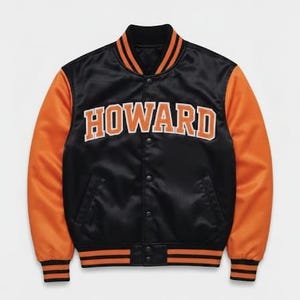 Giacca stile college HOWARD nera e arancione, giacca letterman, giacca bomber unisex, giacca sportiva streetwear, cappotto in stile vintage.