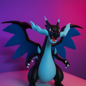 May include: A black and blue dragon figurine with red eyes and white claws. The dragon has large blue wings and a light blue belly. The figurine is set against a gradient purple and pink background.