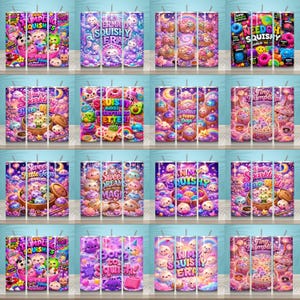 以下が含まれることがあります： Dumpling Squishies、Mermaid Squishy Era、Needoh Squishy、Born to Squishなどのフレーズを含む、漫画のキャラクター、食べ物、テキストの鮮やかなグラフィックプリントが施された16個の円筒形タンブラーのコレクション。