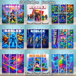 May include: A selection of cartoon-themed tumblers with Roblox and Minecraft characters and logos. The cylindrical tumblers display vibrant designs and the text "20+ Roblox Cartoon" and "Tumbler Bundle".