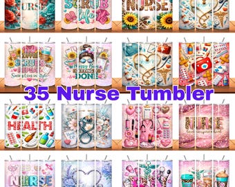 Krankenschwester Tumbler Wrap Bundle 35 Designs | 20 Unzen Skinny Sublimation PNG | Krankenschwester Leben Zitat Wrap | Arzthelferin Girl Fashion Design