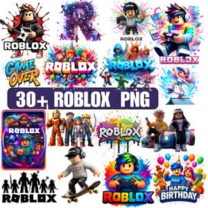 May include: A collection of colorful Roblox-themed graphics. The image includes various Roblox characters, logos, and the text "30+ ROBLOX PNG". The designs feature vibrant colors and dynamic poses, suitable for digital projects.