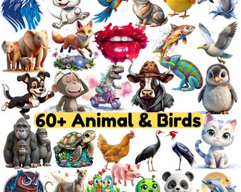 60 Aquarell Tiere & Vögel PNG Bündel | Niedliche Baby Tier Clipart, Frühling Vögel PNG Vogel Sublimation Design | Kommerzielle Nutzung Download