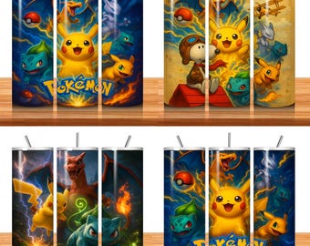 Electric Pikachu Pokémon Digital Tumbler File PNG Sublimationsfertiger 20 Unzen dünner Becher | Zeichentrickfiguren Tasse wickeln | Digitaler Download