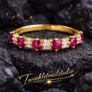 Ruby Wedding Band, Solid Gold Ruby Engagement Ring, Half Eternity Diamond Wedding Band