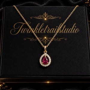 Päronslipat rubin- och diamanthalsband i vintagestil, födelsesten i juli, julklapp