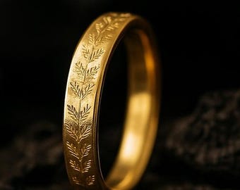Floral 14k Yellow Gold Wedding Band, Vintage Stacking Ring