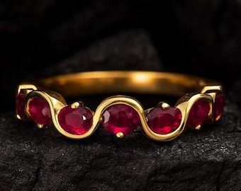 Ruby Half Eternity 14K Gold Ring, Unique Wavy Anniversary Band