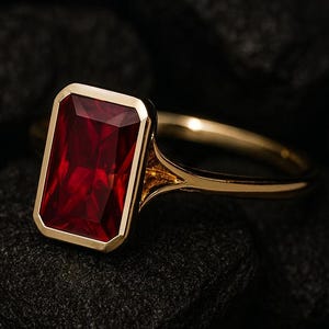 Puede incluir: Un anillo de oro con una piedra preciosa roja oscura rectangular. La piedra preciosa está engastada en un bisel de oro, y la banda del anillo es de oro pulido. El anillo se muestra sobre una superficie oscura y texturizada.
