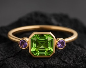 14K Gold Bezel Set Peridot & Amethyst Trilogy Ring