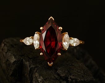 Marquise Red Garnet Ring, Moissanite Side Stone, 14k Solid Gold