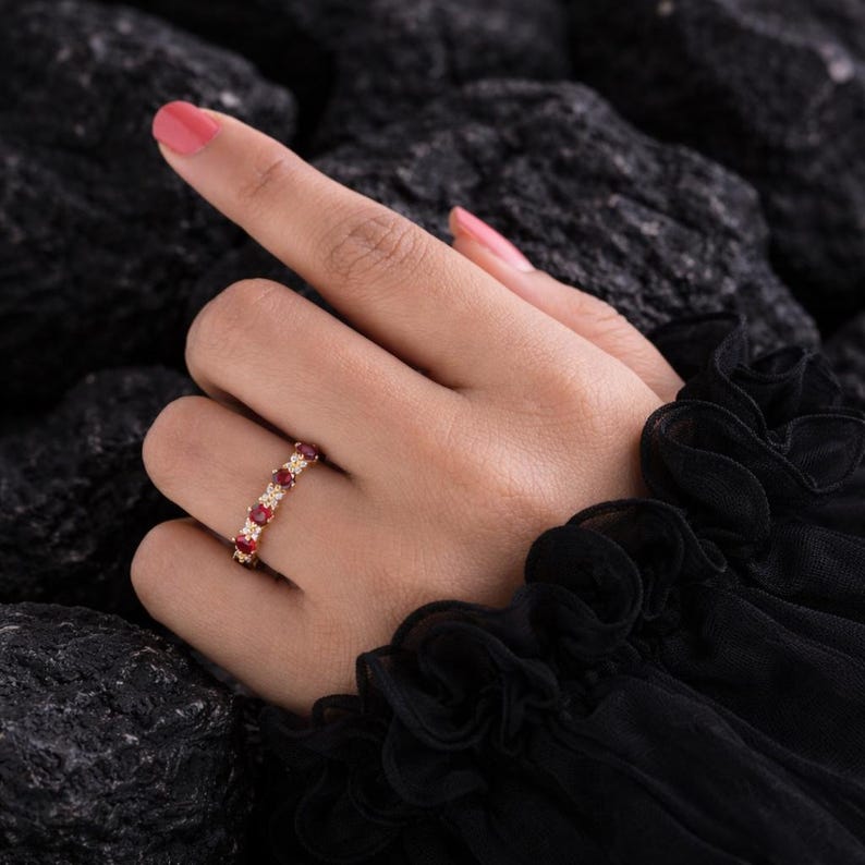Ruby Wedding Band, Solid Gold Ruby Engagement Ring, Half Eternity Diamond Wedding Band image 5