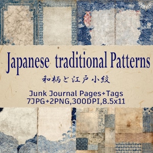 May include: A collage of vintage-style paper with Japanese traditional patterns. The image features torn paper with blue and beige designs, and text that reads "Japanese traditional Patterns" and "Junk Journal Pages+Tags".