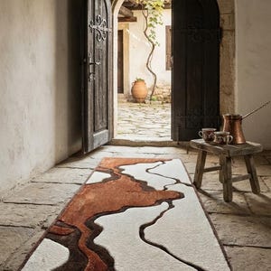 Hand tafted Rustic Mediterranean Courtyard Entrance with Arched Wooden Doors, Stone Flooring, Terracotta Pot, Winding Vine, Ceramic