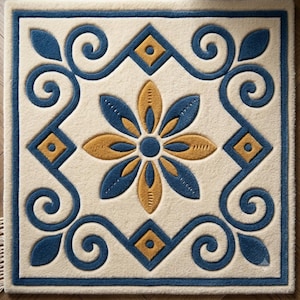 May include: A square rug featuring a cream-coloured background with a central floral motif in blue and gold. The design includes a blue diamond-shaped border with gold accents at each corner and blue scrollwork patterns along the edges.