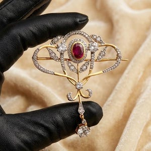 2CT Oval Cut Ruby & Diamond Brooch 14K Gold Plated Sterling Silver Antique Pin