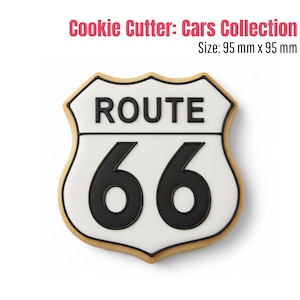 May include: A Route 66 cookie cutter from the Cars Collection. The cookie cutter is shaped like the iconic road sign, with a white background, black text and numbers, and a beige border. The size is 95 mm x 95 mm.